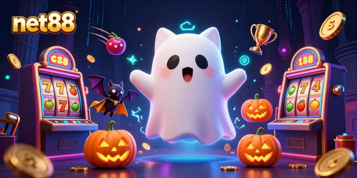 Experience the thrill of net88 with a ghost cat and vampire bat in a haunted casino scene.