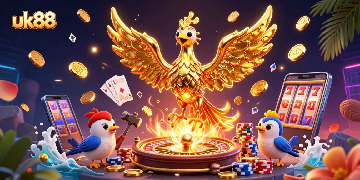 Experience the thrill of uk88 with golden phoenix and casino elements in a vibrant 3D illustration