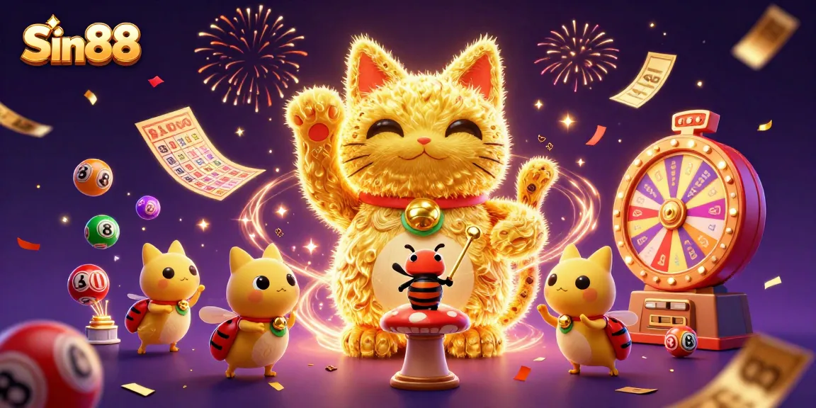 Engage with Sin88's vibrant gambling scene featuring a golden lucky cat, lottery balls, and exciting prizes.