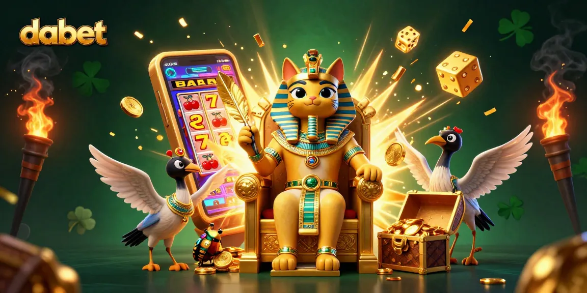 Experience thrilling wins with dabet's vibrant casino scene featuring an Egyptian pharaoh cat and dynamic slot machines.