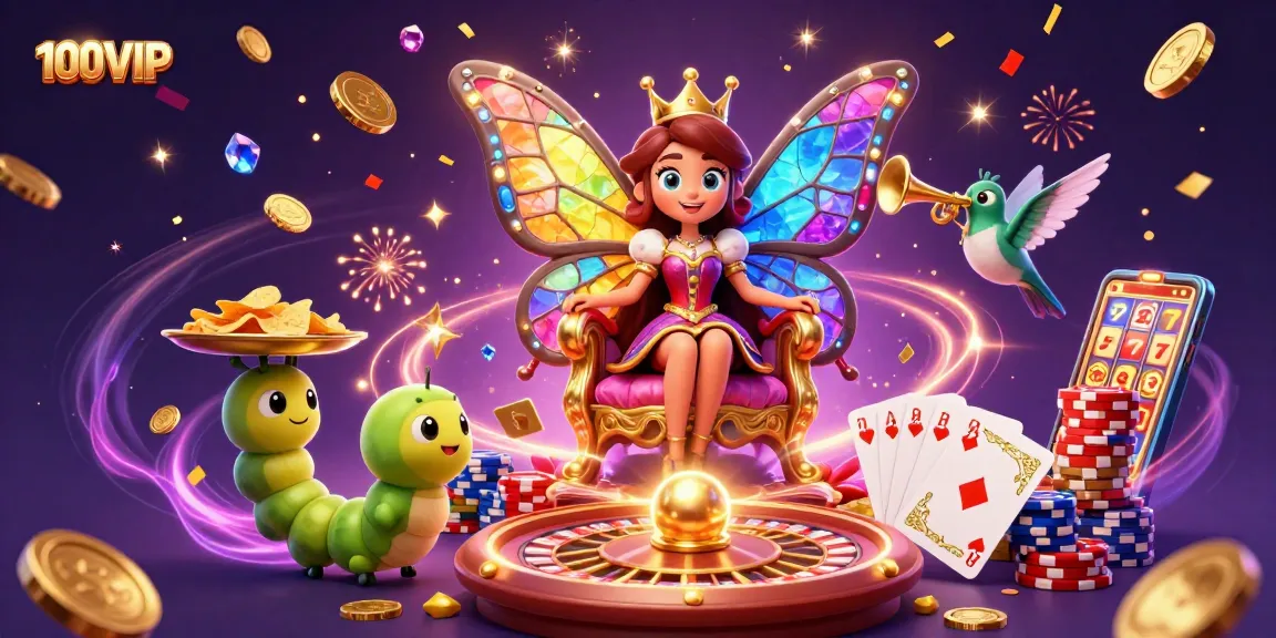 Experience the vibrant gaming world at 100VIP with a dazzling butterfly queen and casino elements.