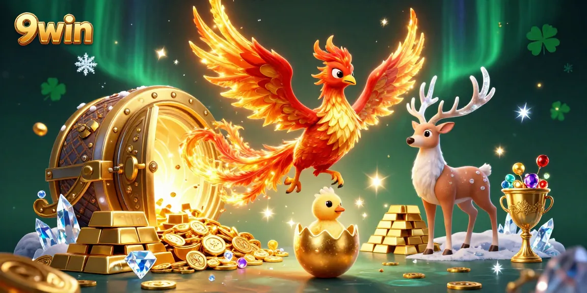 Engage with 9win's vibrant casino magic featuring a soaring phoenix amidst treasures.