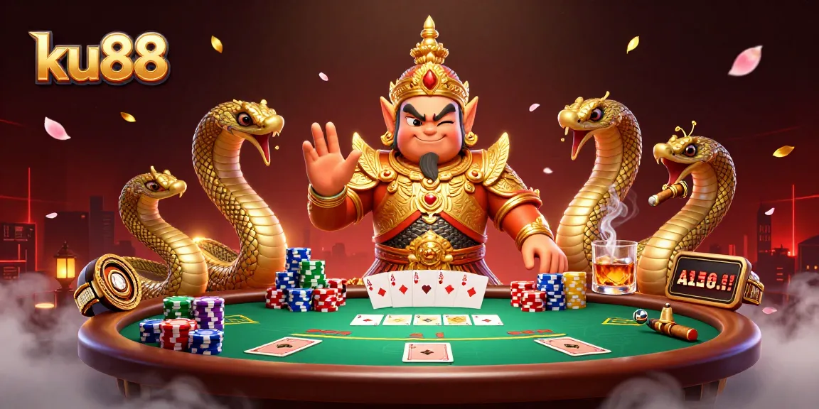 Engage with ku88 at a vibrant poker scene featuring an ornate Thai guardian and Naga serpents.