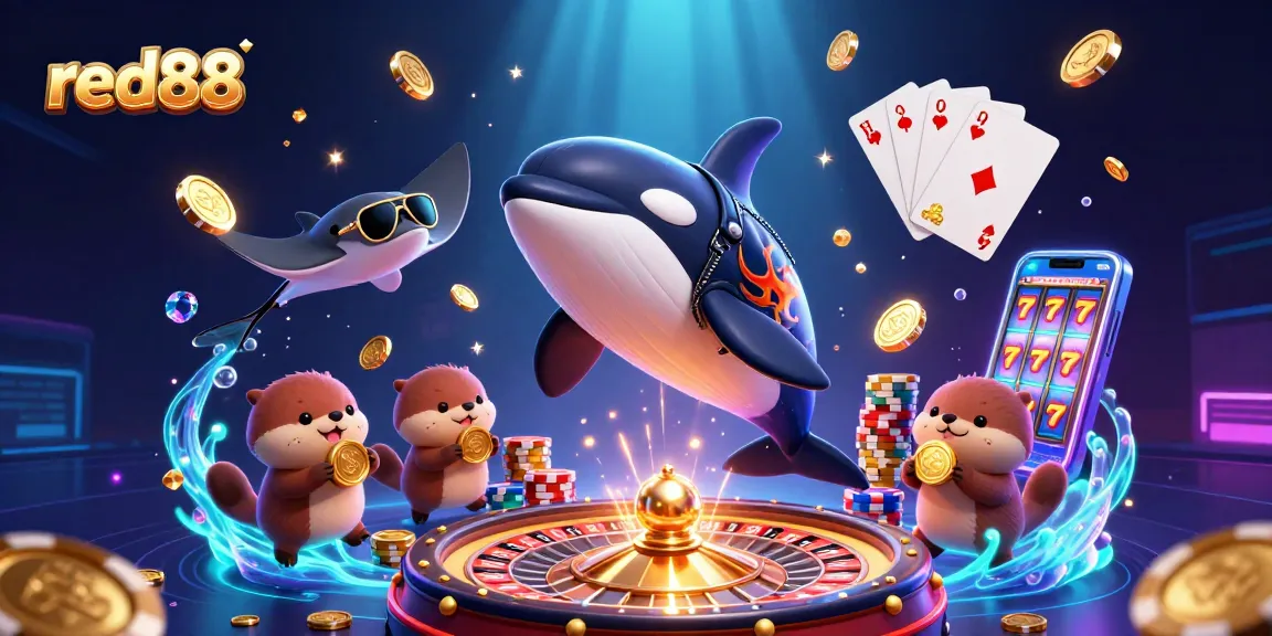 Experience the thrill of red88 with lively characters celebrating wins, surrounded by gaming elements.