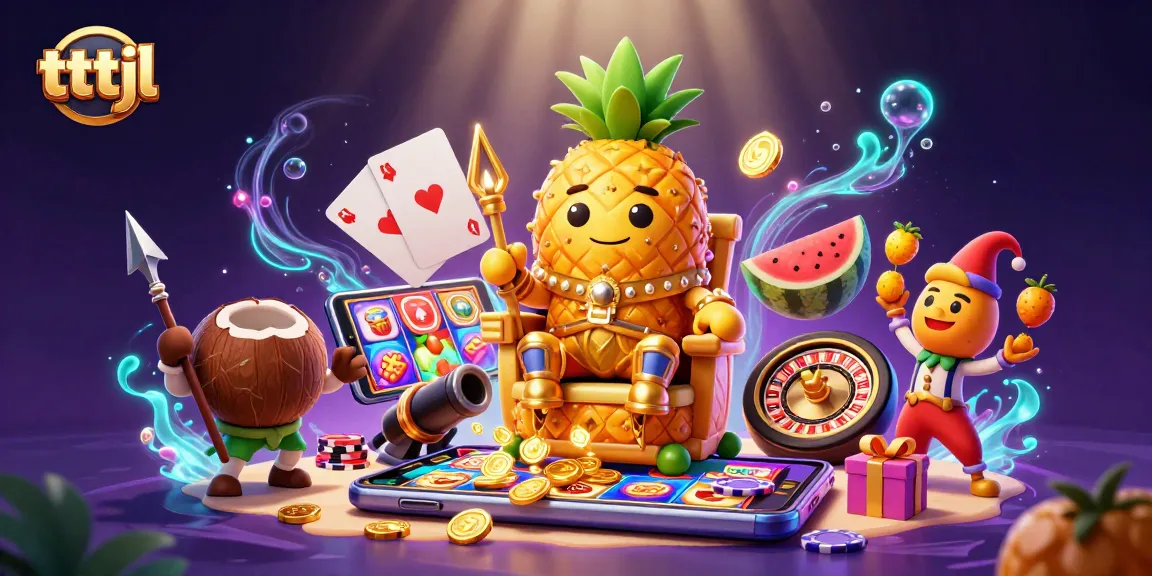 Engage with the vibrant tttjl casino scene featuring a golden pineapple king surrounded by dynamic game elements.