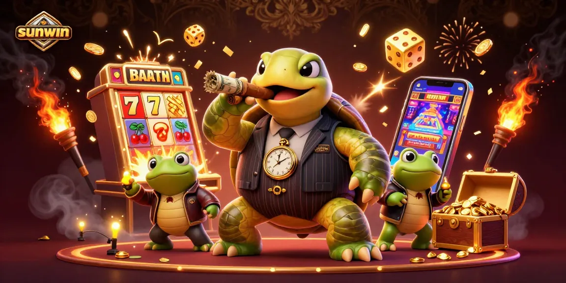 Engage with sunwin's vibrant slot machine scene featuring a snapping turtle and bullfrog enforcers.